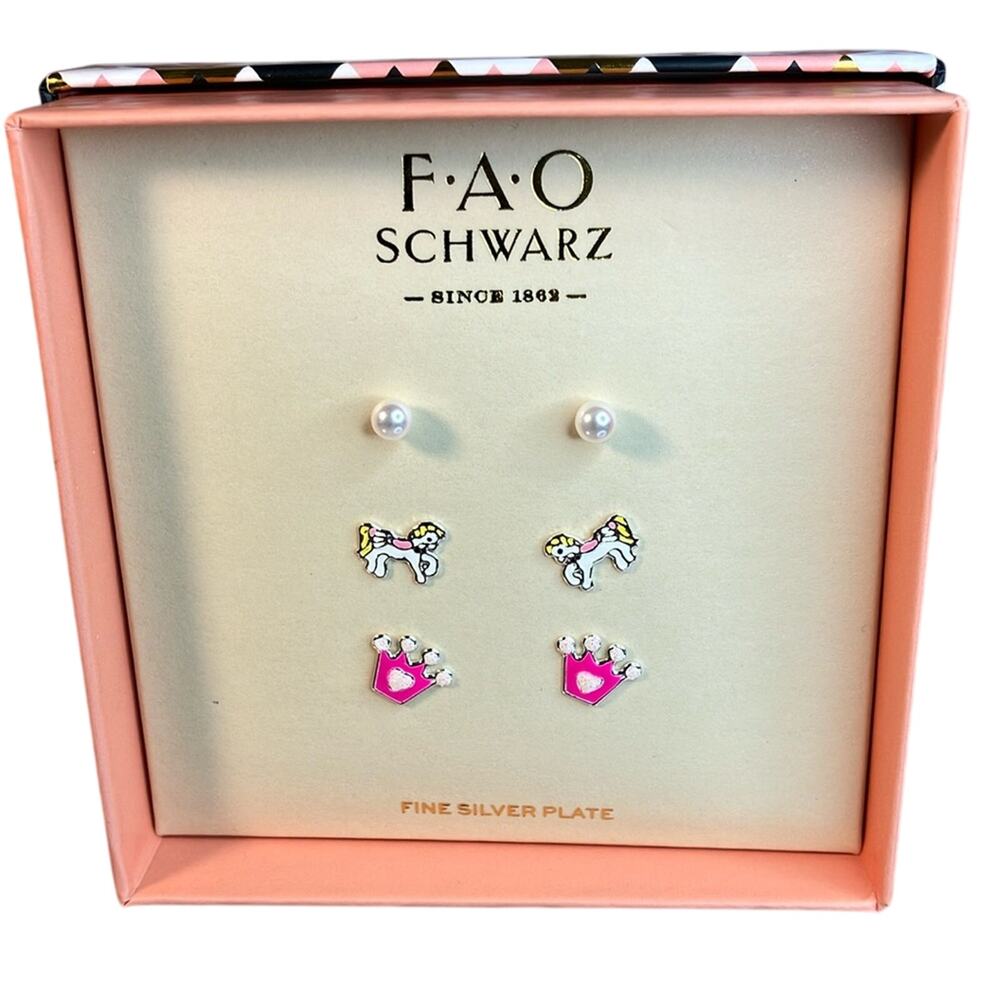 FAO Schwarz 3 Piece Earring Set With Pearl Unicorn & Crown in Fine Plated Silver